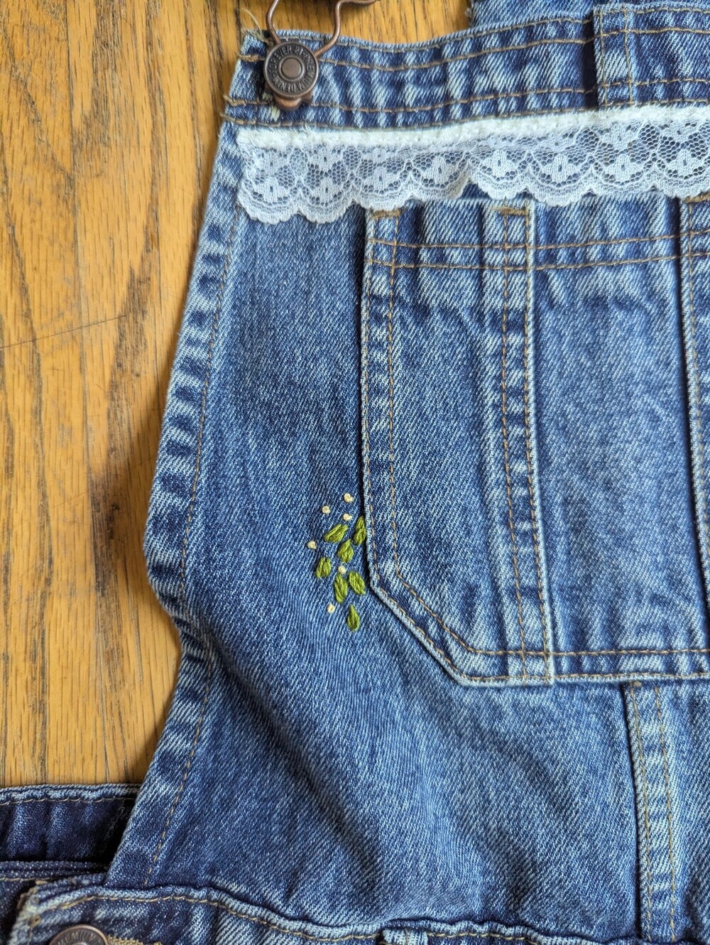 Hand Embroidered Reworked Distressed Denim Short Overalls - Blue - Picture 6 of 6